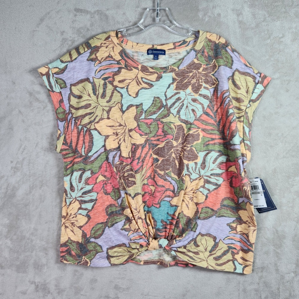 Democracy Tropical Floral Front Knot Top Womens 1X Multi Short Sleeve Summer